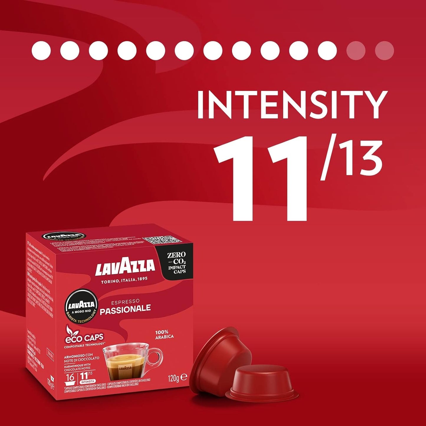 Lavazza, A Modo Mio Espresso Passionale, 256 Coffee Capsules, with Notes of Caramel and Chocolate, 100% Arabica, Intensity 11/13, Dark Roasting, Compostable, 16 Packs of 16 Compostable Coffee Pods