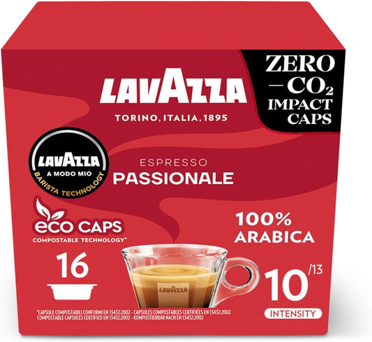Lavazza, A Modo Mio Espresso Passionale, 256 Coffee Capsules, with Notes of Caramel and Chocolate, 100% Arabica, Intensity 11/13, Dark Roasting, Compostable, 16 Packs of 16 Compostable Coffee Pods