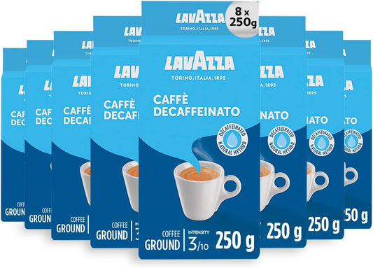 Lavazza, Caffè Decaffeinato, Ground Coffee, 8 Packs of 250 g, Ideal for Moka Pot, Filter Machine and French Press, Aromatic Notes of Dried Fruits, Arabica and Robusta, Intensity 3/10, Medium Roasting